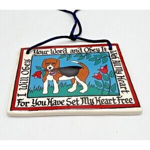 Carla Grace Painted Tile BEAGLE Dog Ornament Wall Art Pottery Hand Glazed 3.5"